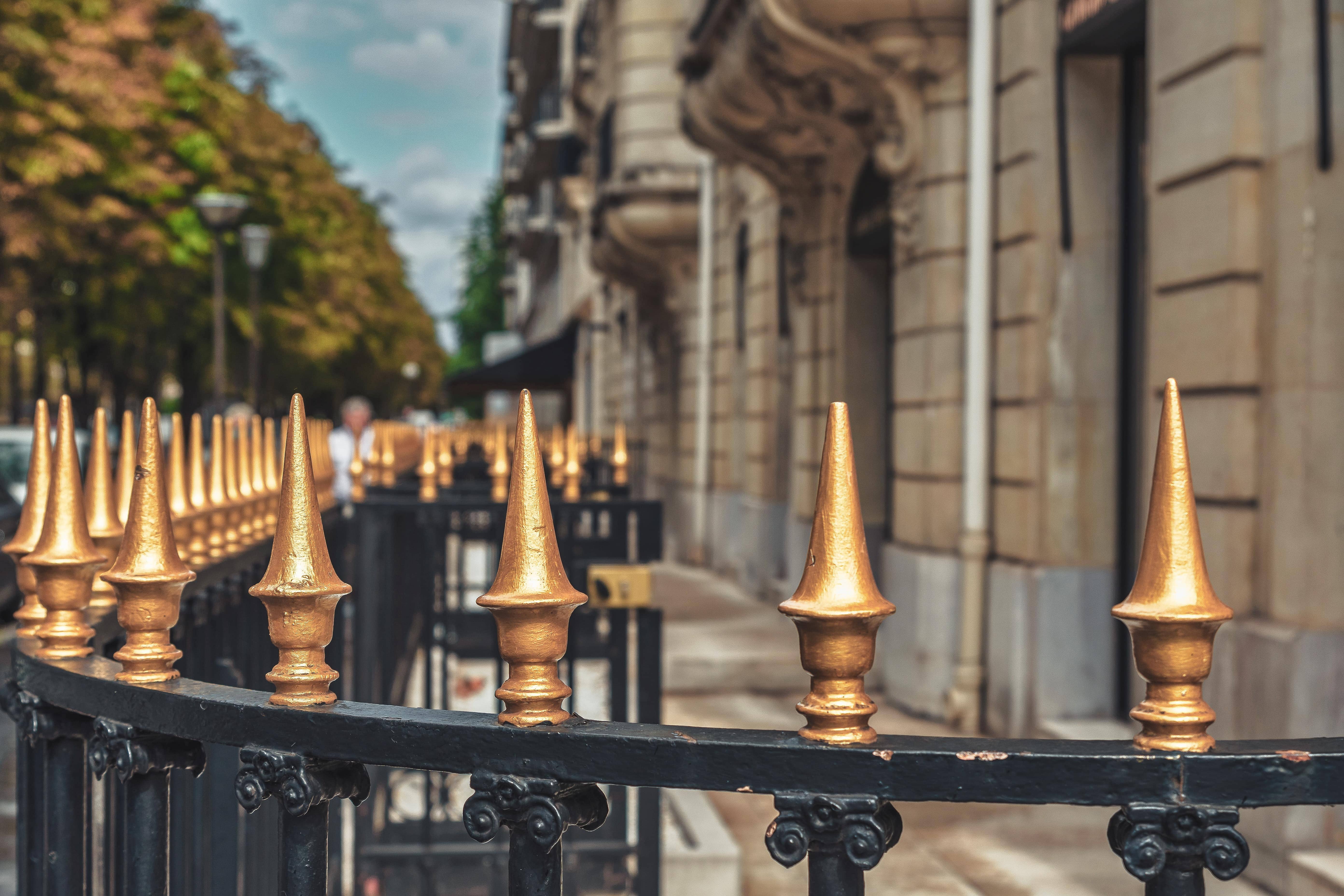 Détails architecturaux d’une grille dorée dans une rue élégante de Paris
